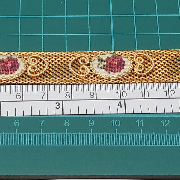Vintage Gold Mesh Bracelet with Rose Needlepoint Insets - Picture 5 of 6